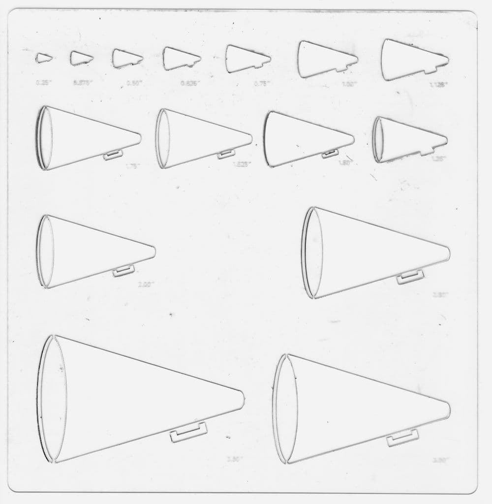 A drawing template of an array of different sized megaphones