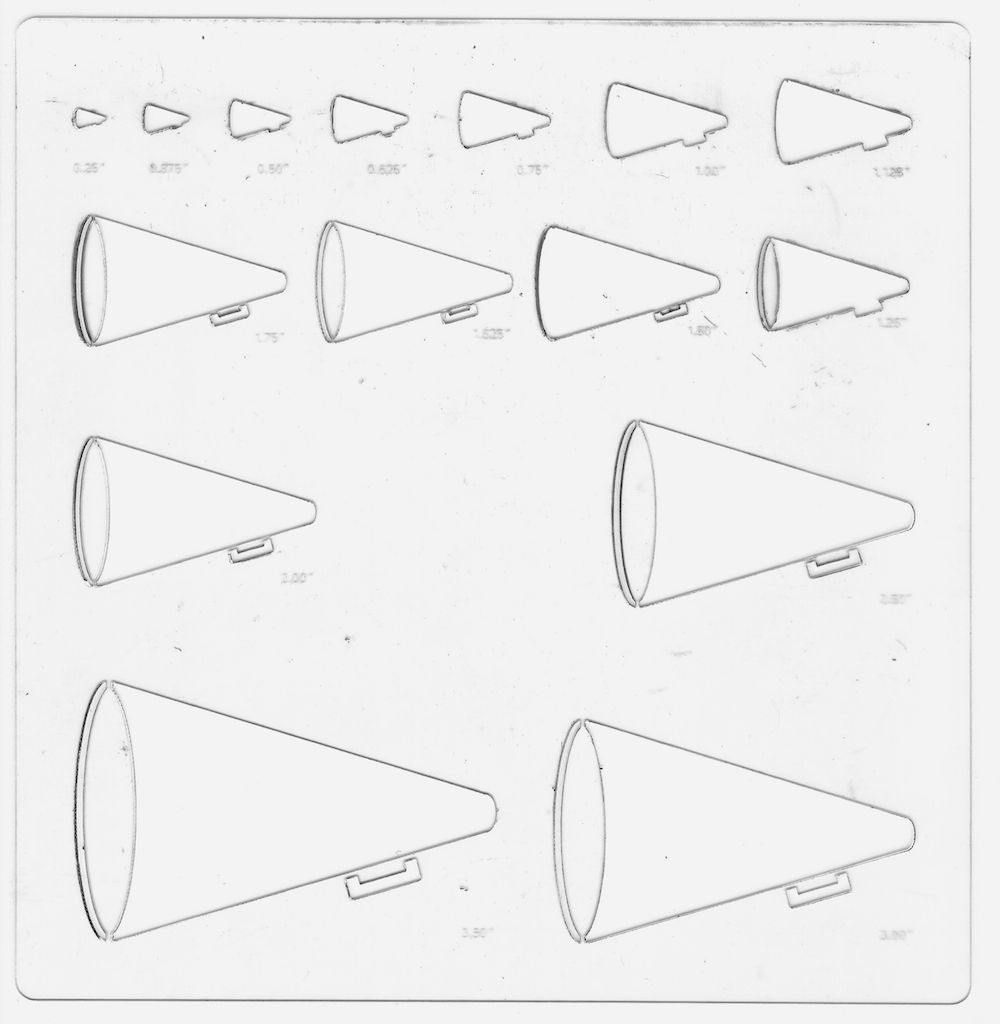 A drawing template of an array of different sized megaphones