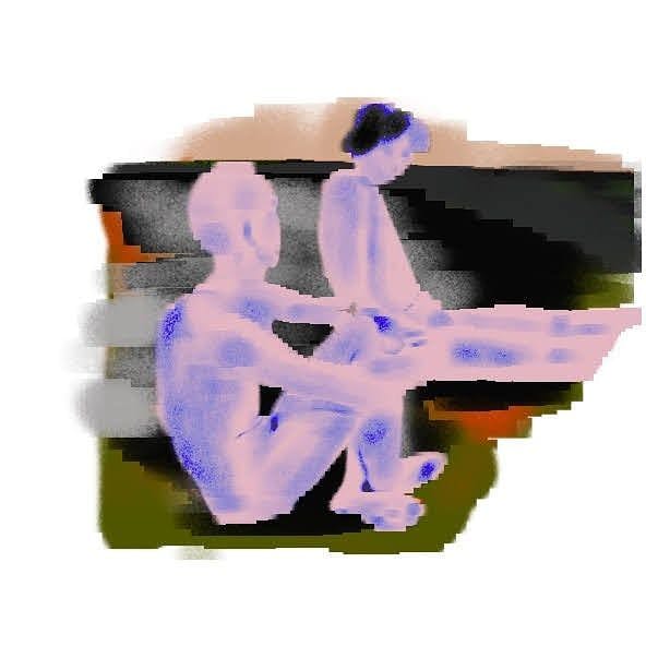 A drawing of two nudes sitting on the ground